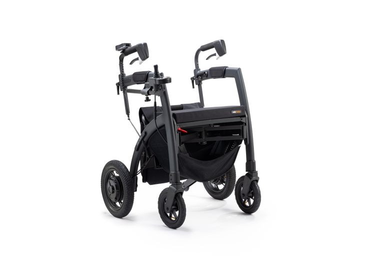 A sleek and modern mobility walker with a modular design on a white background.